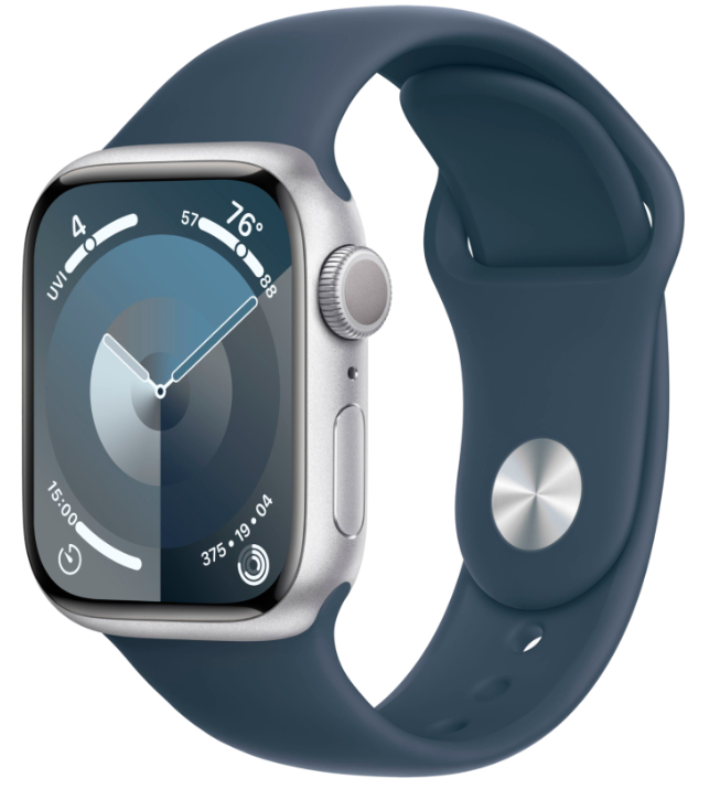 Apple Watch Series 9, 41 мм, корпус из алюминия серебристого цвета, спортивный ремешок цвета «грозовой синий» 