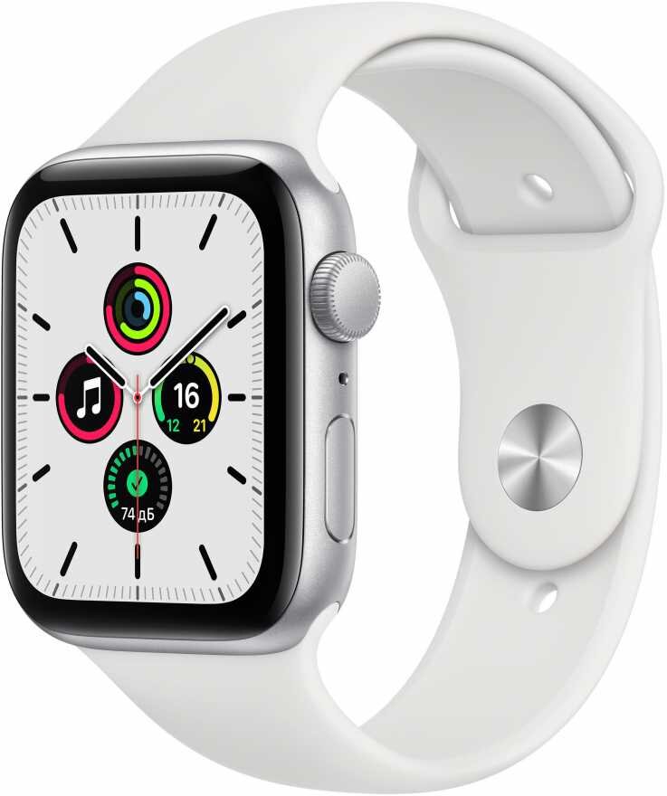 Apple Watch SE 44 мм  спортивный ремешок серебристого цвета